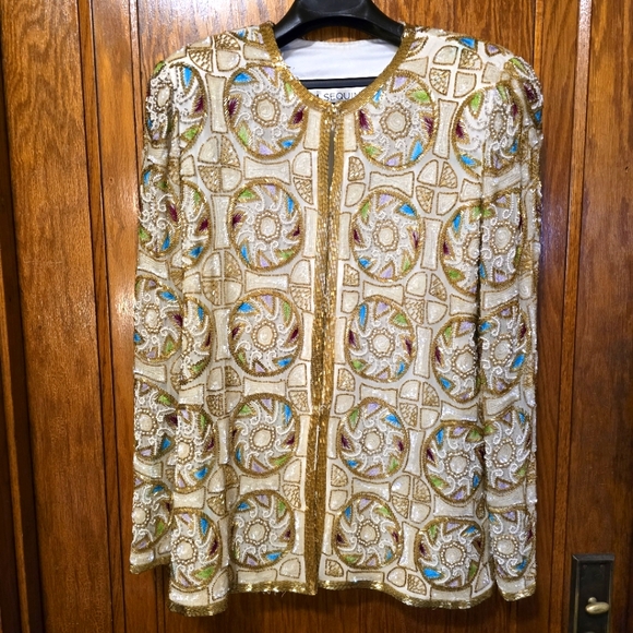 SEQUIN ORIGINAL Vintage Hand Beaded Silk Jacket Shoulder Pads Bead Work LARGE - Picture 3 of 17